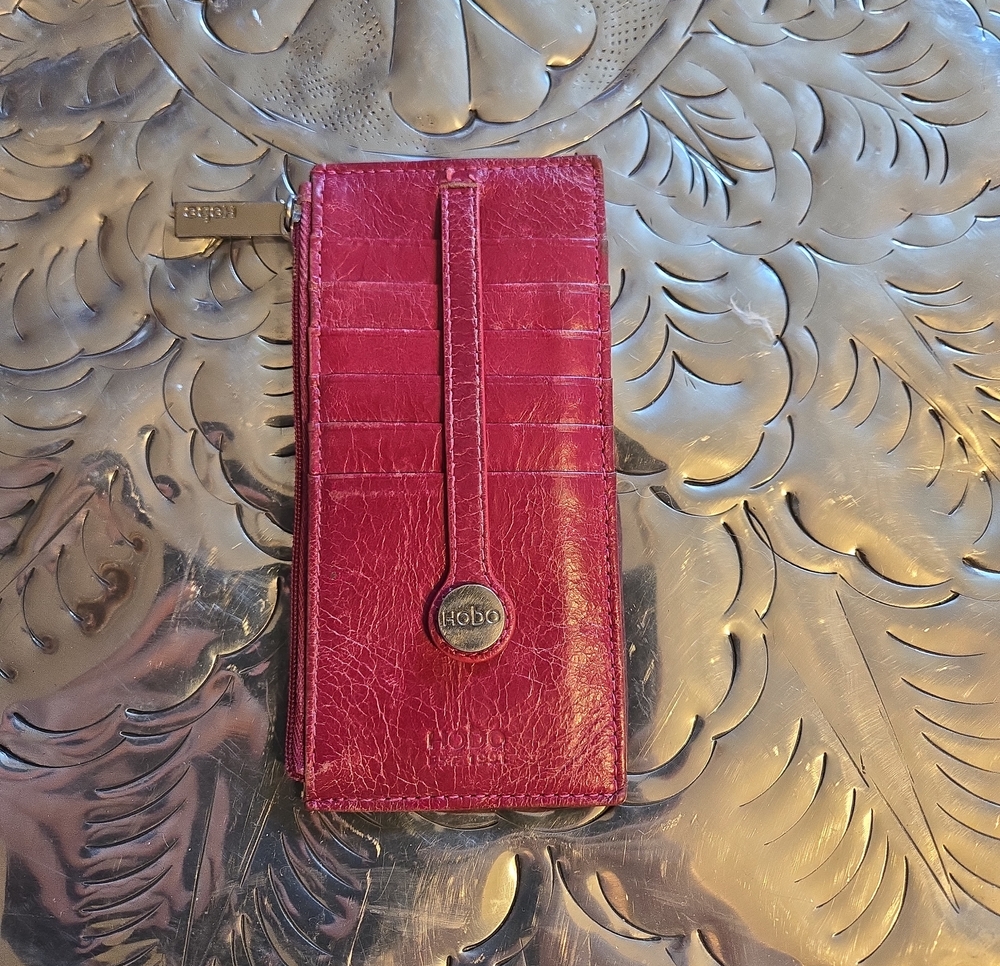 HOBO Leather Card Wallet in Deep Raspberry, Real Leather- Distressed!